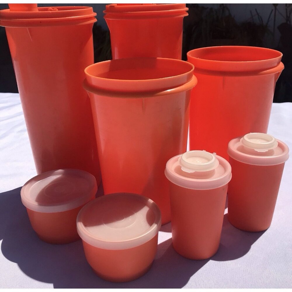 Vtg Tupperware Snack Cups Lids Salt Pepper Beverage Orange Container 14pc Set